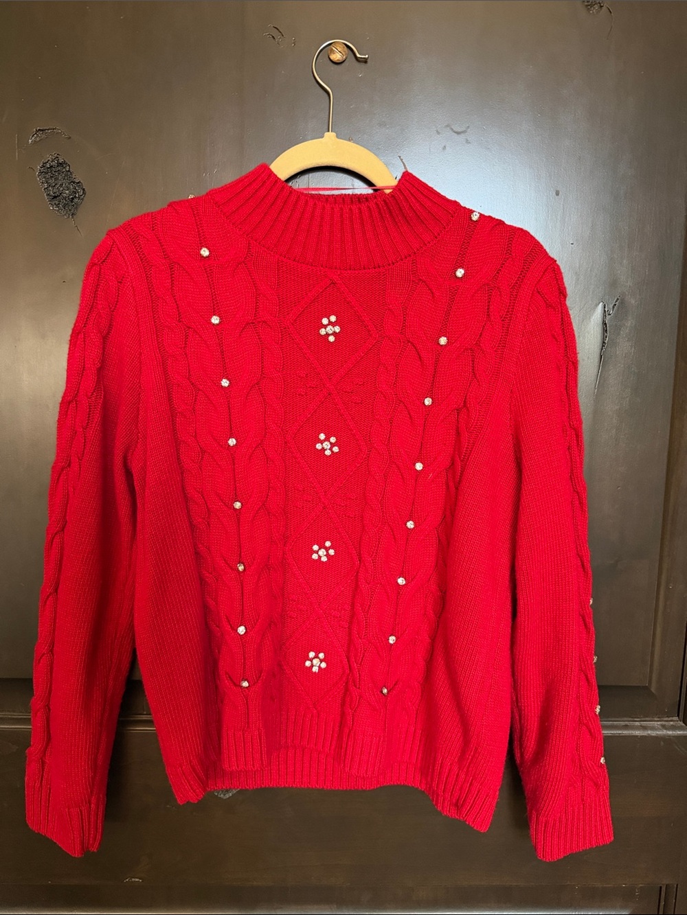 Anthropologie (Calligraphie) Red Diamond-Embellished Cable Knit Sweater Sz Small